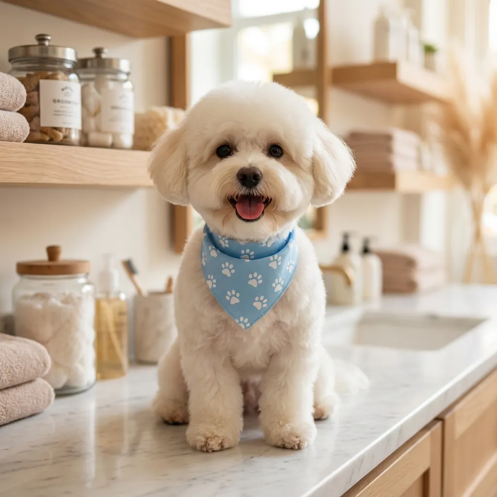 Happy groomed dog with blue bandana